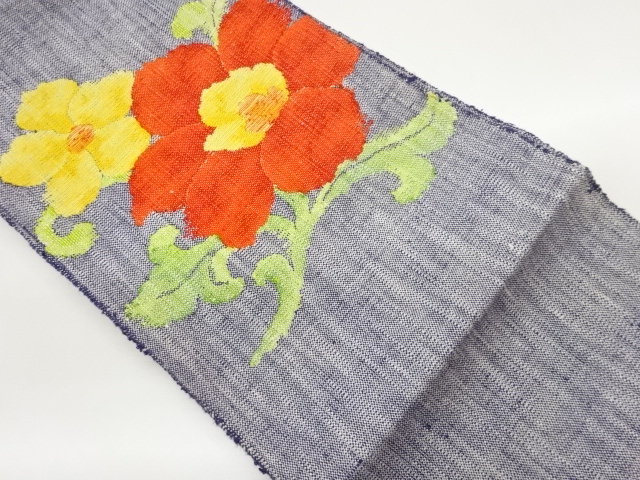 手織り真綿紬花唐草模様織出し名古屋帯